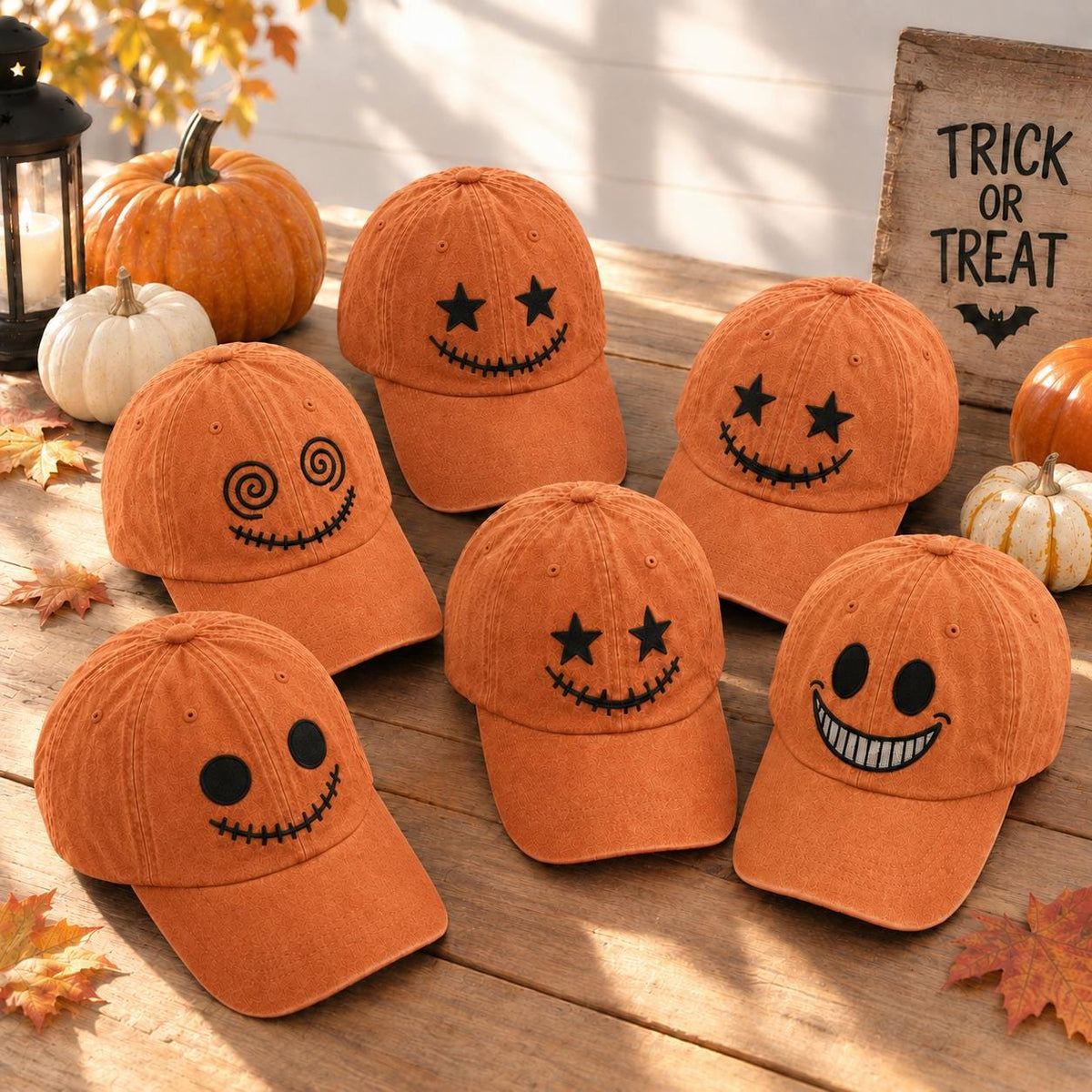 Jack O Lantern Embroidered Hat, Vintage Washed Halloween Pumpkin Dad Hat