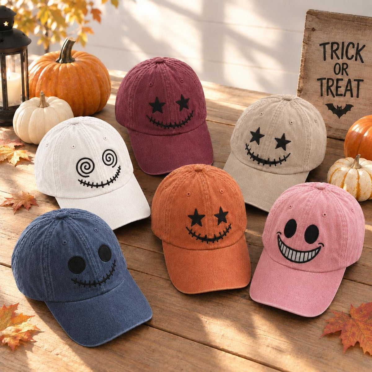 Jack O Lantern Embroidered Hat, Vintage Washed Halloween Pumpkin Dad Hat