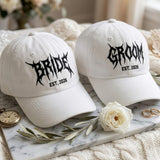 Matching Gothic Bride Groom Embroidered Hats, Halloween Wedding Couple Baseball Caps