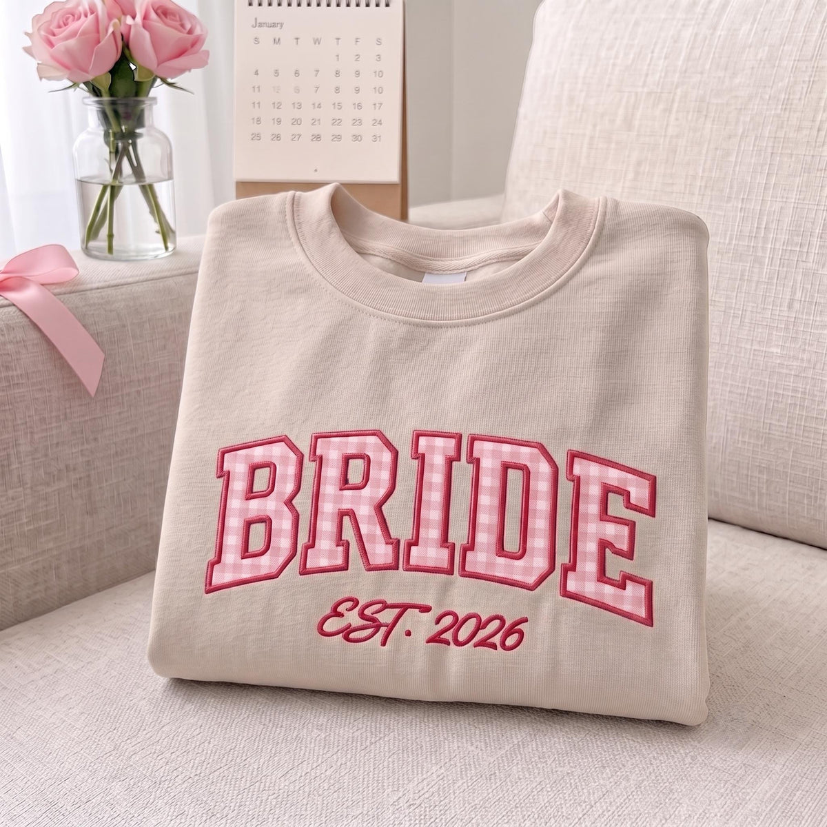Custom Embroidered Bride Bridesmaid Sweatshirt, Pink Gingham Applique Est 2026 Crewneck, Bachelorette Party Sweater, Bridal Shower Gift