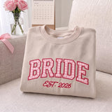 Custom Embroidered Bride Bridesmaid Sweatshirt, Pink Gingham Applique Est 2026 Crewneck, Bachelorette Party Sweater, Bridal Shower Gift