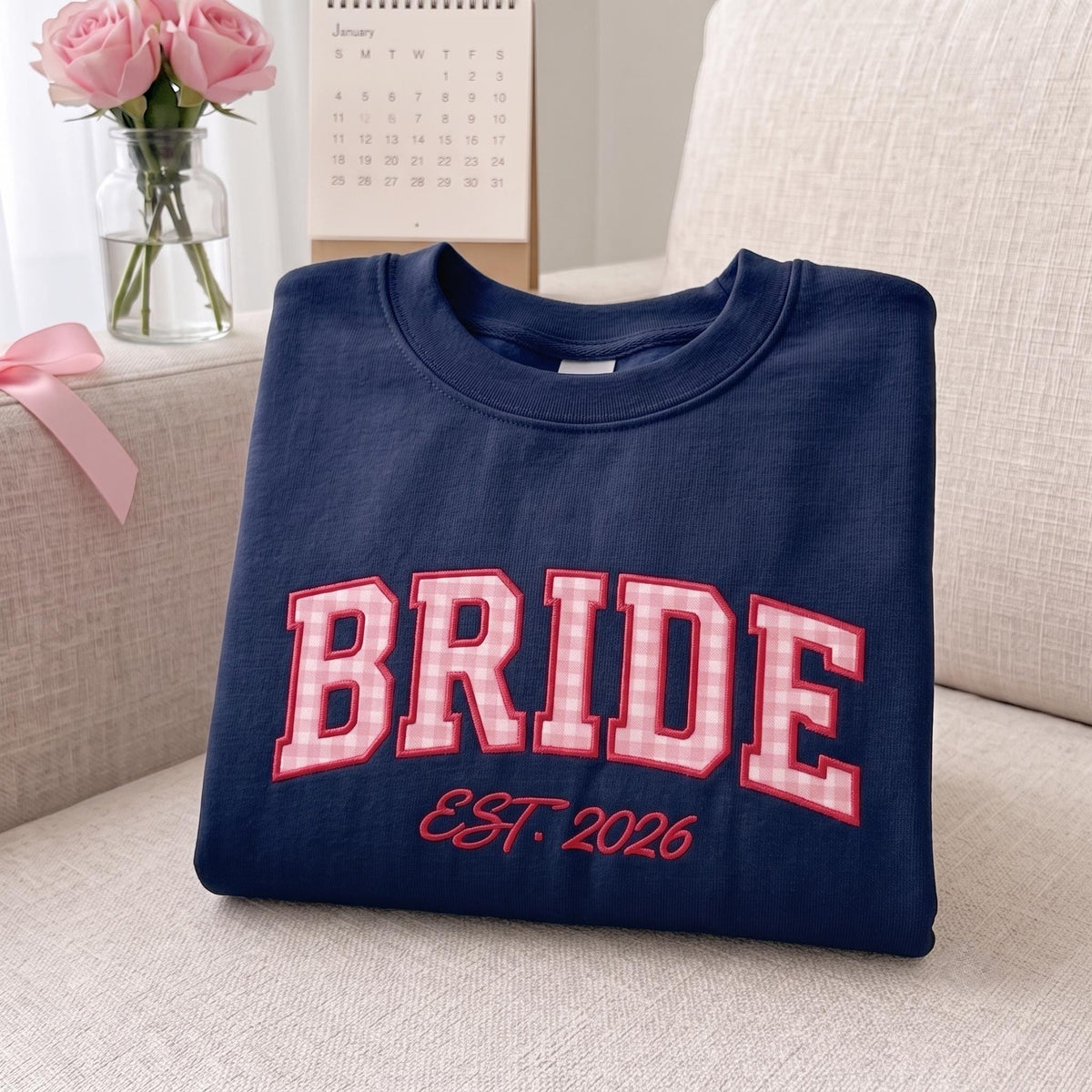 Custom Embroidered Bride Bridesmaid Sweatshirt, Pink Gingham Applique Est 2026 Crewneck, Bachelorette Party Sweater, Bridal Shower Gift