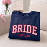 Custom Embroidered Bride Bridesmaid Sweatshirt, Pink Gingham Applique Est 2026 Crewneck, Bachelorette Party Sweater, Bridal Shower Gift