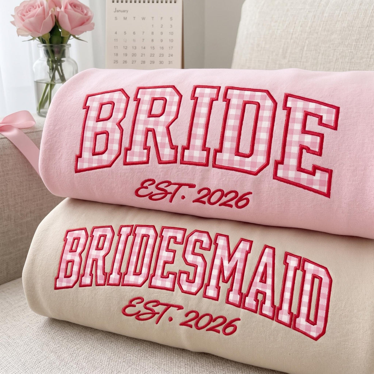 Custom Embroidered Bride Bridesmaid Sweatshirt, Pink Gingham Applique Est 2026 Crewneck, Bachelorette Party Sweater, Bridal Shower Gift