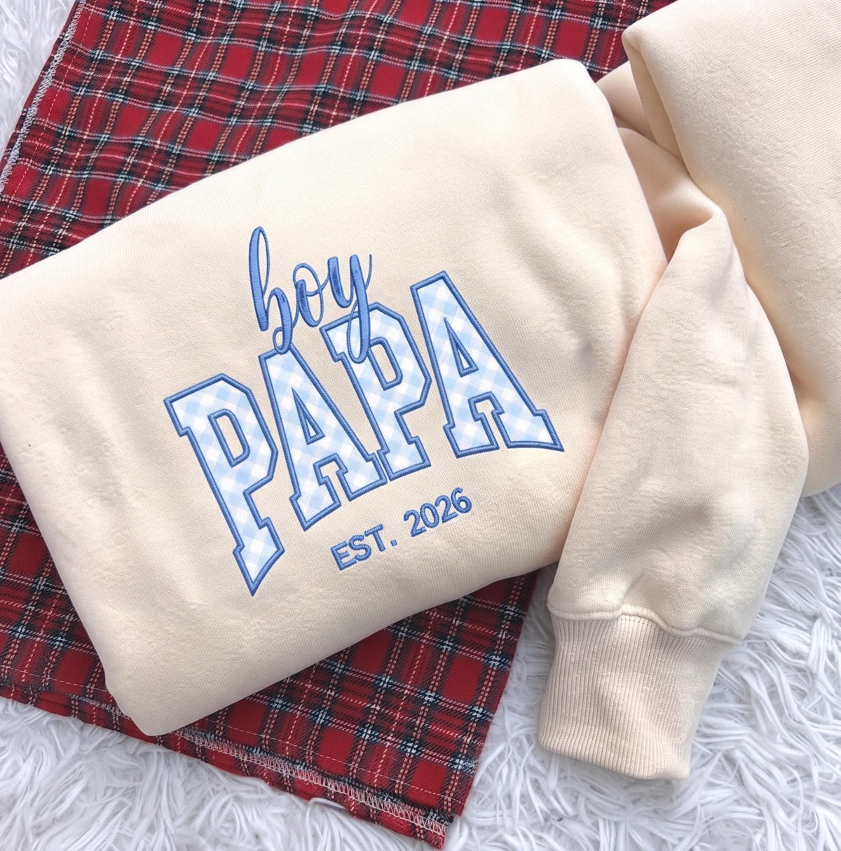 Custom Embroidered Boy Mom Boy Papa Sweatshirt, Gingham Applique Est 2026 Crewneck, New Dad New Mom Gift, Pregnancy Announcement Sweater