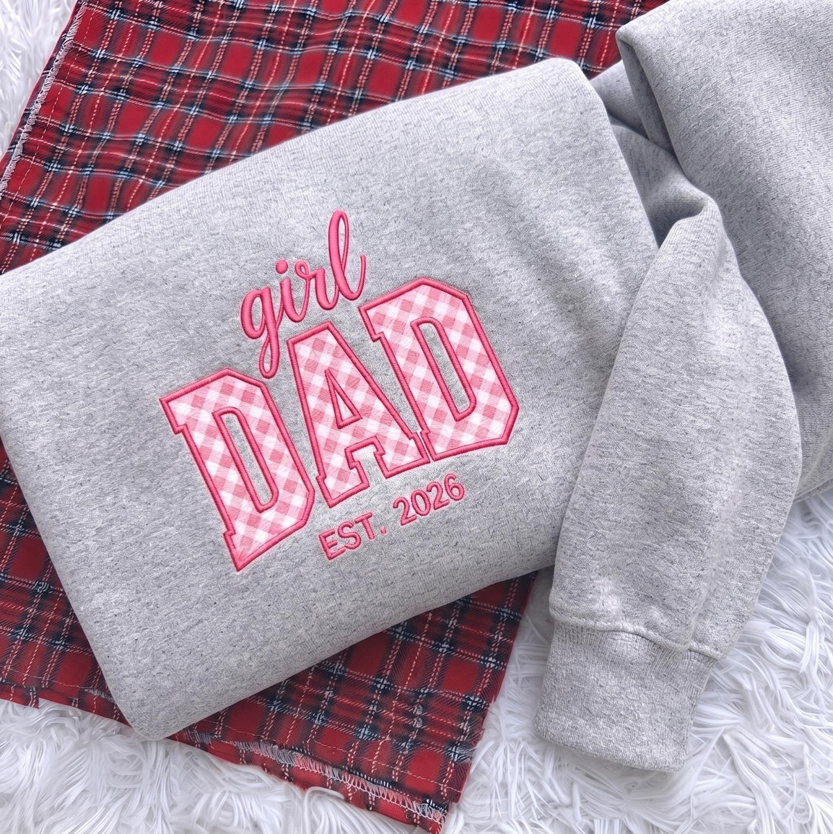 Custom Embroidered Girl Mom Girl Dad Sweatshirt, Pink Gingham Applique Est 2026 Crewneck, New Dad New Mom Gift, Pregnancy Reveal Sweater