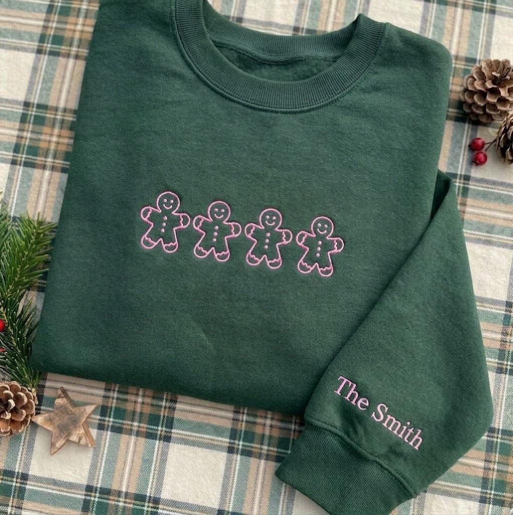 Custom Gingerbread Family Cookie Sweatshirt, Personalized Crewneck with Sleeve Embroidery
