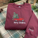 Personalized Red Truck Christmas Sweatshirt, Custom Name on Sleeve Holiday Crewneck
