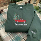 Personalized Red Truck Christmas Sweatshirt, Custom Name on Sleeve Holiday Crewneck