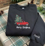 Personalized Red Truck Christmas Sweatshirt, Custom Name on Sleeve Holiday Crewneck