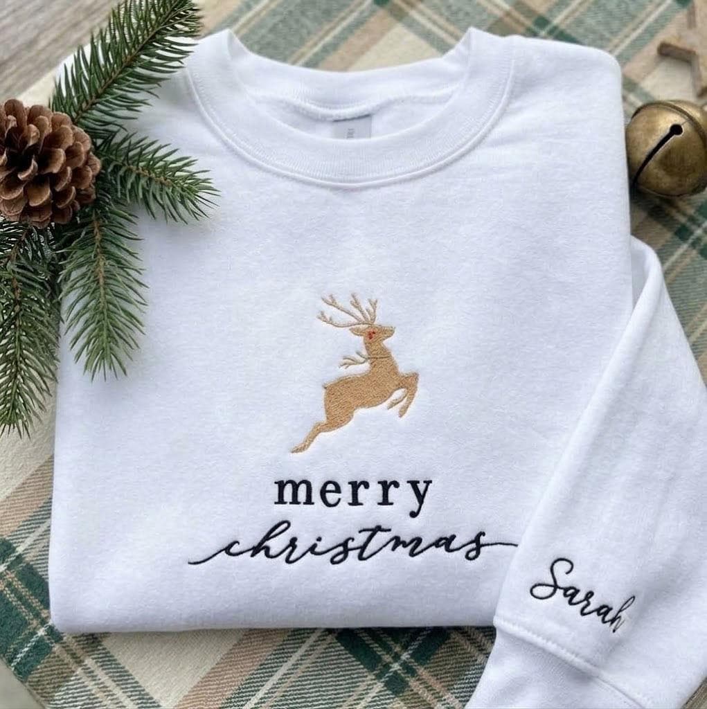 Personalized Reindeer Christmas Sweatshirt, Custom Name on Sleeve Holiday Crewneck