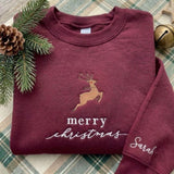 Personalized Reindeer Christmas Sweatshirt, Custom Name on Sleeve Holiday Crewneck