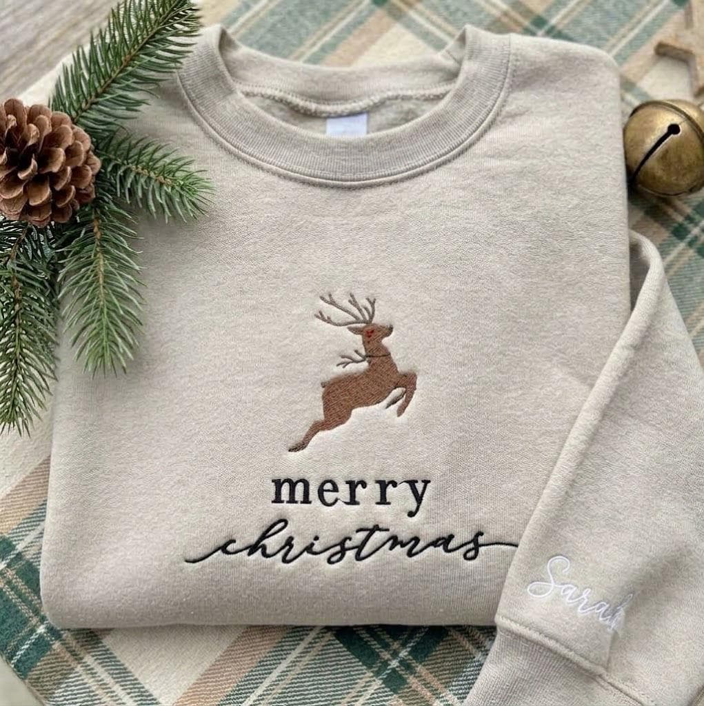 Personalized Reindeer Christmas Sweatshirt, Custom Name on Sleeve Holiday Crewneck