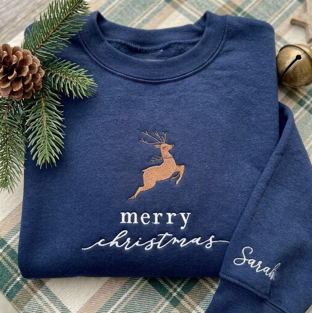 Personalized Reindeer Christmas Sweatshirt, Custom Name on Sleeve Holiday Crewneck