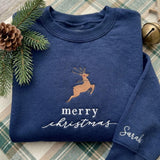 Personalized Reindeer Christmas Sweatshirt, Custom Name on Sleeve Holiday Crewneck