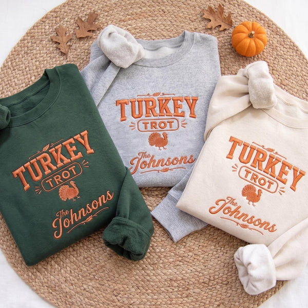 Custom Family Name Turkey Trot Sweatshirt, Thanksgiving Runner Embroidered Crewneck