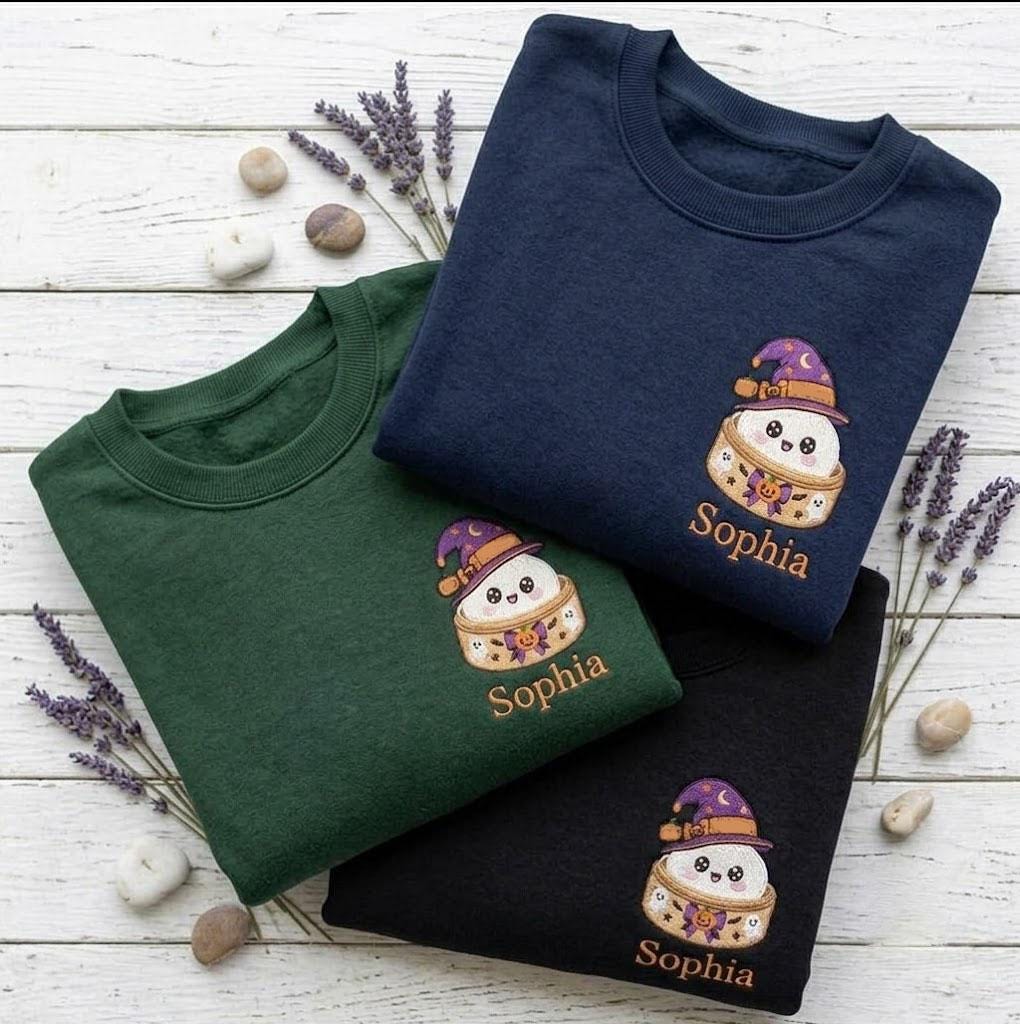 Custom Embroidered Halloween Dumpling Sweatshirt, Cute Witch Dim Sum Foodie Crewneck