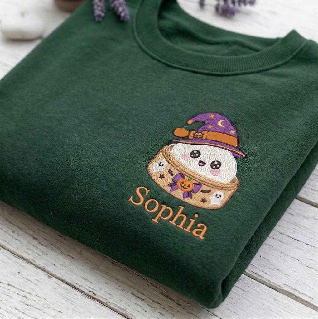 Custom Embroidered Halloween Dumpling Sweatshirt, Cute Witch Dim Sum Foodie Crewneck