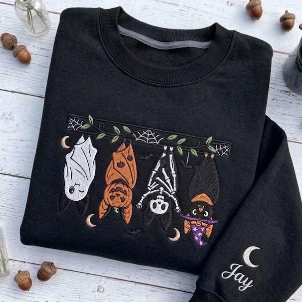 Personalized Embroidered Halloween Bats Sweatshirt, Custom Sleeve Name Spooky Crewneck
