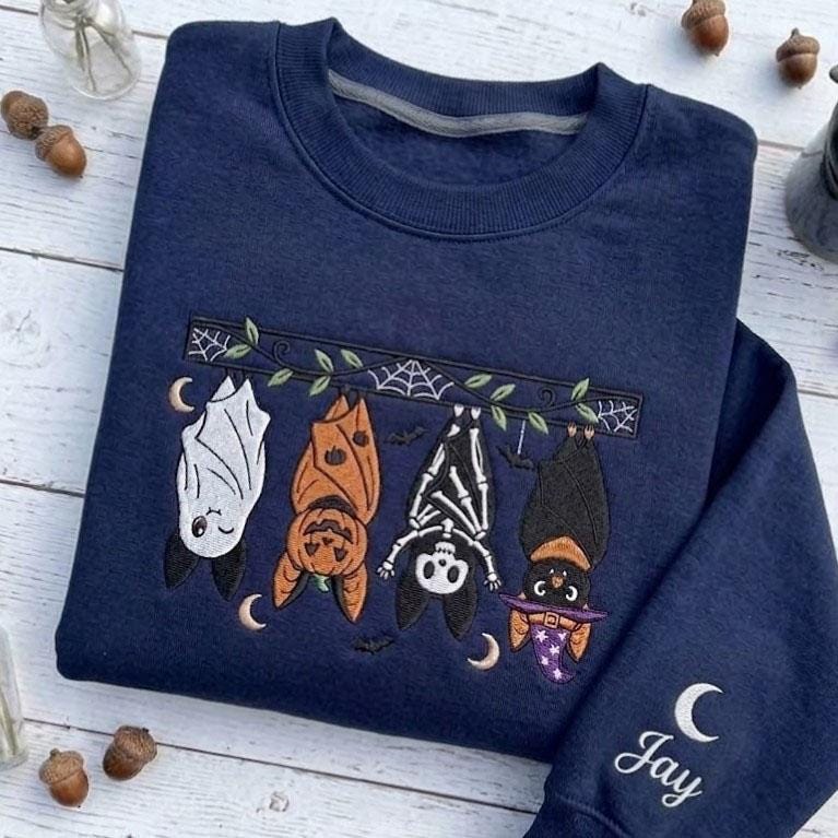Personalized Embroidered Halloween Bats Sweatshirt, Custom Sleeve Name Spooky Crewneck