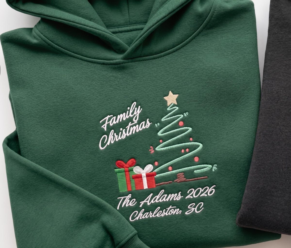 Custom Embroidered Christmas Tree Family Hoodie, Personalized Name & Year Matching Holiday Gift