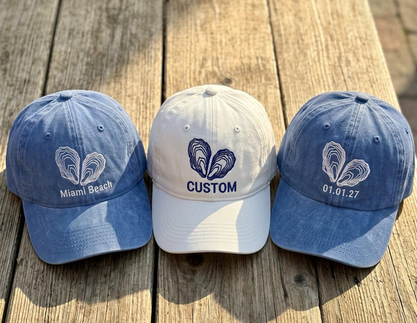 Personalized Oyster Heart Embroidered Hat, Custom Date Coastal Baseball Cap, Beach Lover Gift