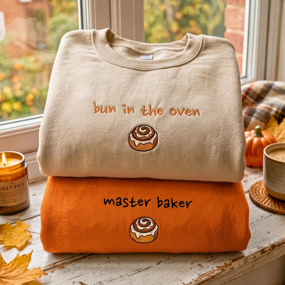Embroidered Bun In The Oven Master Baker Sweatshirt, Cute Cinnamon Roll Pregnancy Announcement Crewneck, Couple Matching Fall Sweater Gift
