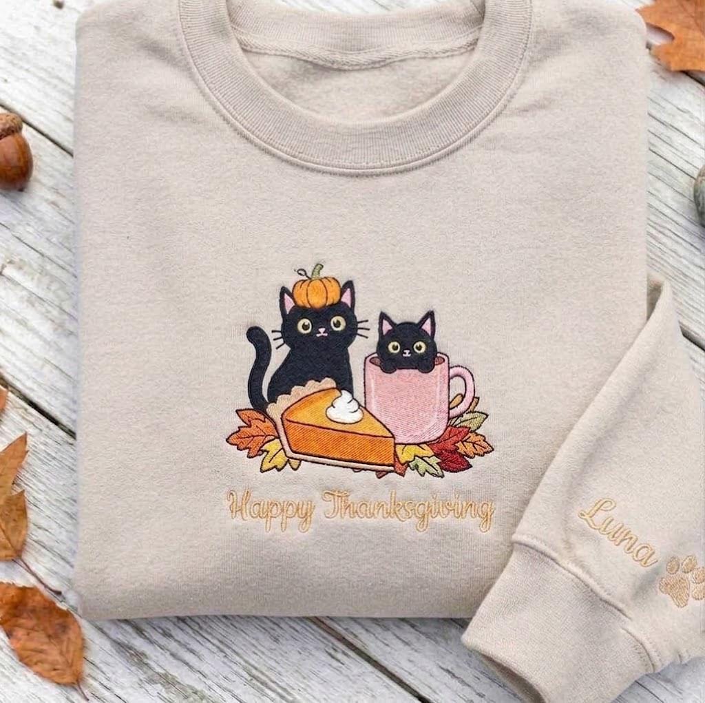 Custom Embroidered Thanksgiving Black Cats Sweatshirt, Pumpkin Pie Fall Cat Mom Crewneck