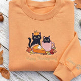 Custom Embroidered Thanksgiving Black Cats Sweatshirt, Pumpkin Pie Fall Cat Mom Crewneck