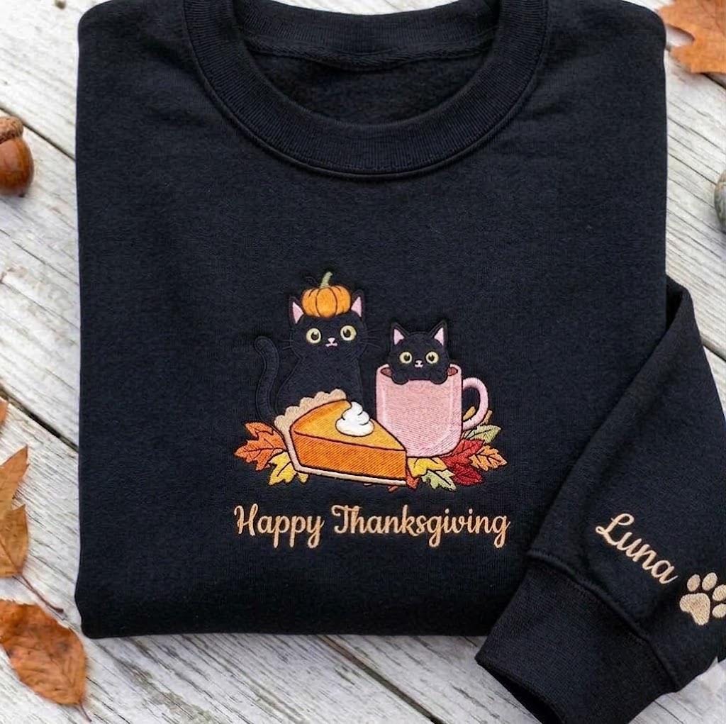 Custom Embroidered Thanksgiving Black Cats Sweatshirt, Pumpkin Pie Fall Cat Mom Crewneck
