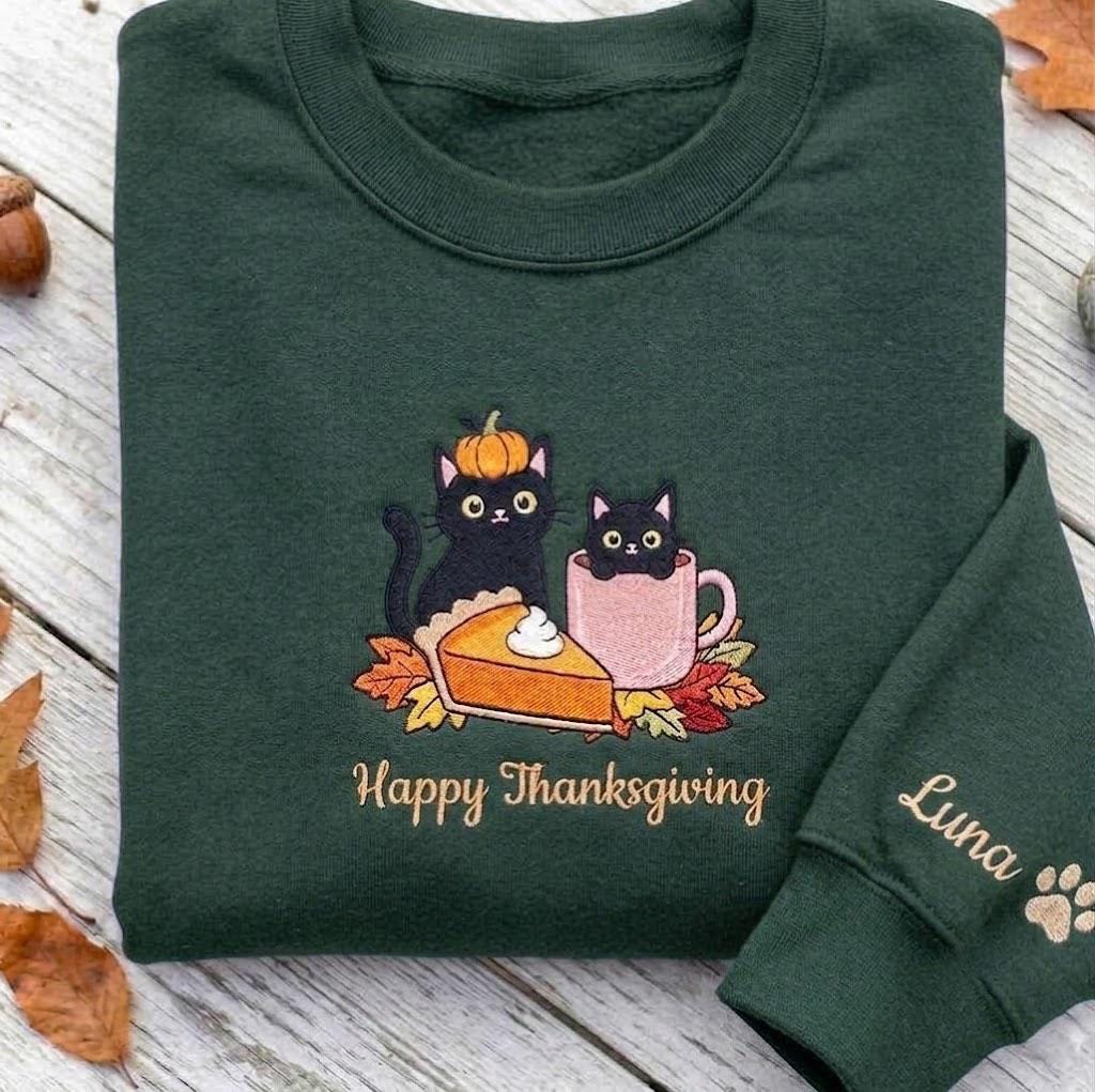 Custom Embroidered Thanksgiving Black Cats Sweatshirt, Pumpkin Pie Fall Cat Mom Crewneck