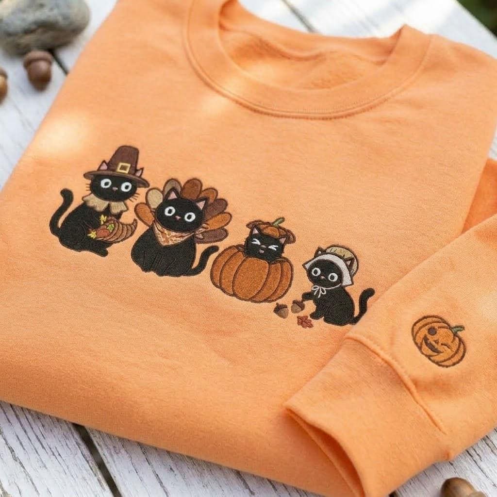 Embroidered Thanksgiving Black Cats Sweatshirt, Pilgrim Turkey Fall Cat Mom Crewneck