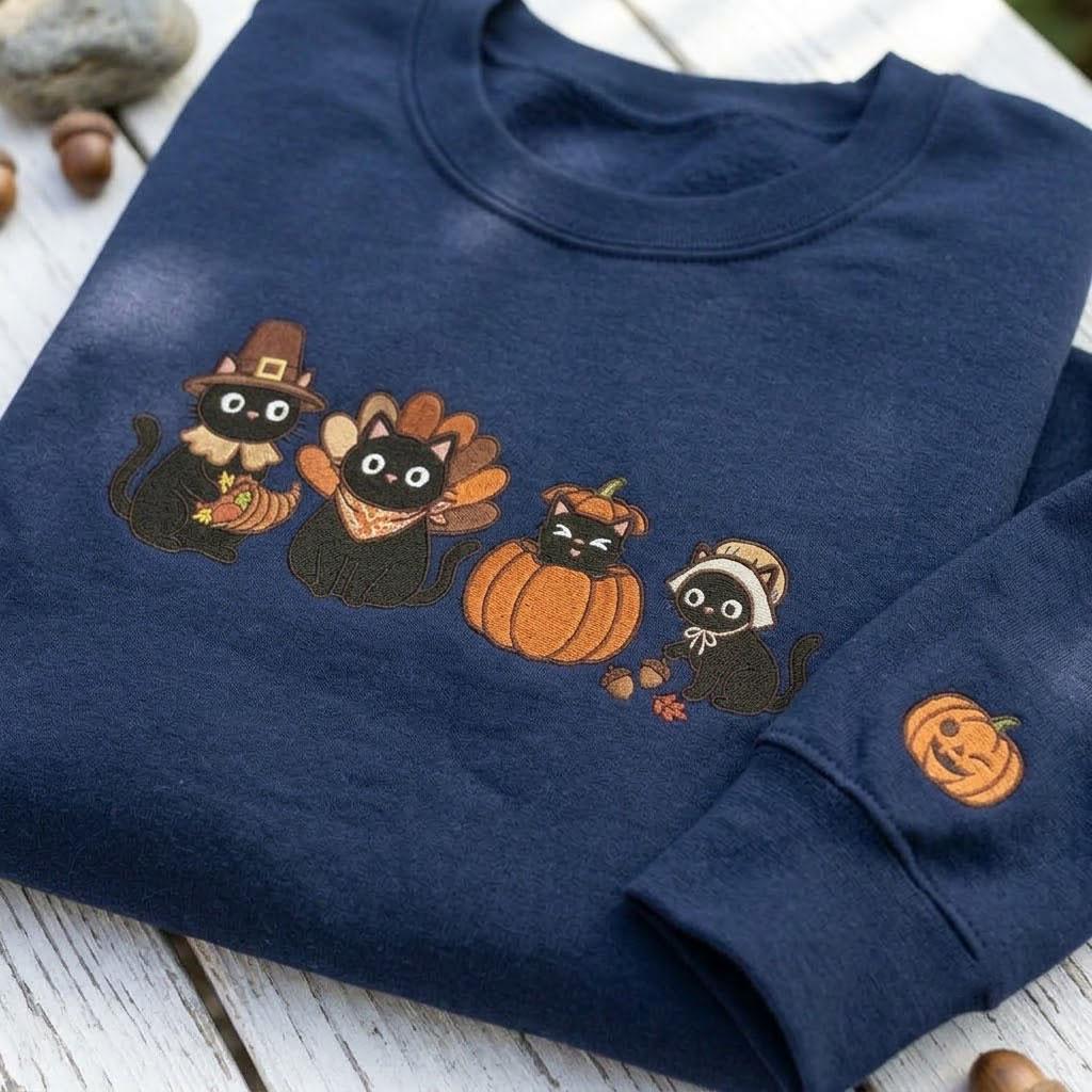Embroidered Thanksgiving Black Cats Sweatshirt, Pilgrim Turkey Fall Cat Mom Crewneck