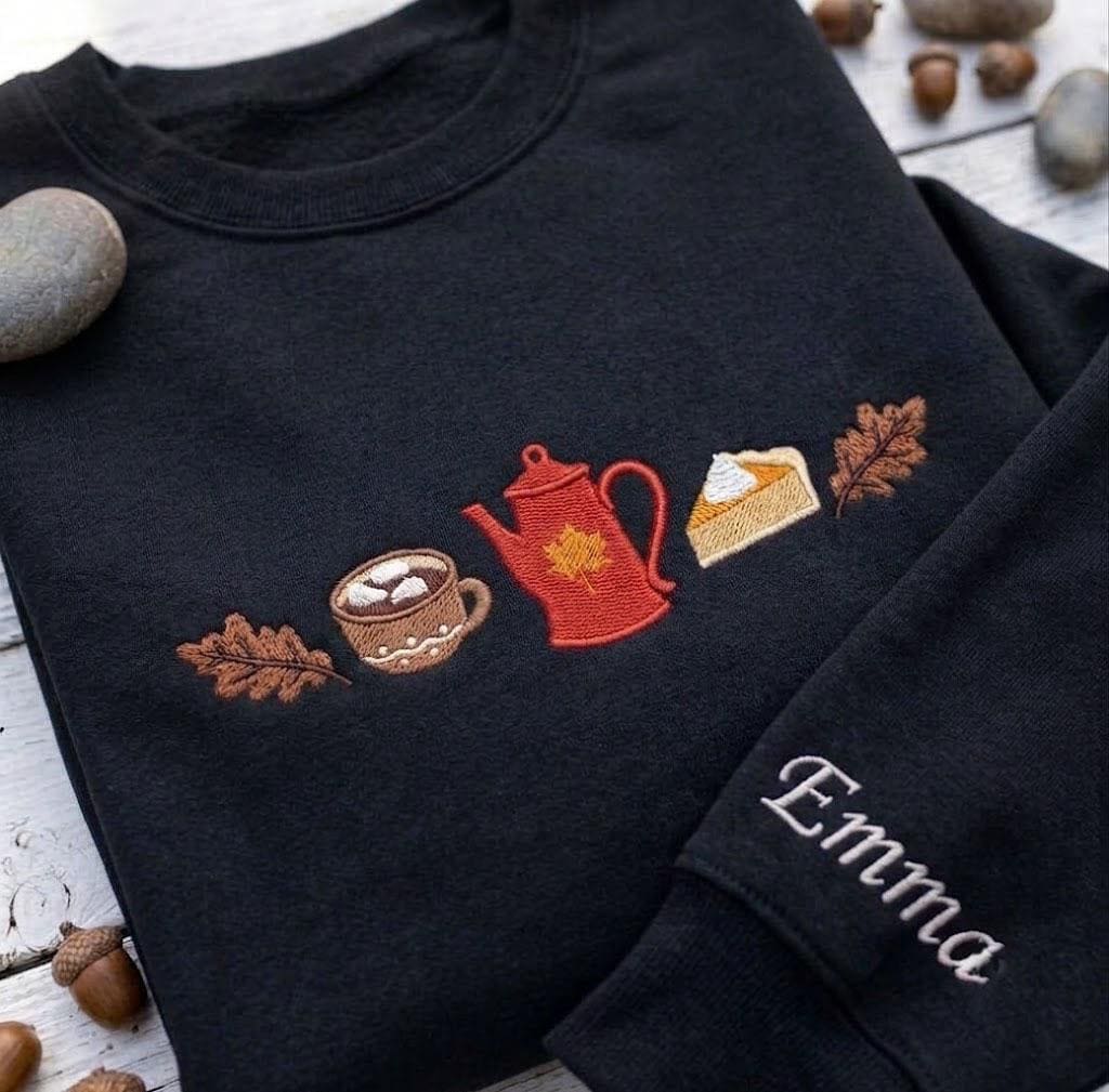 Custom Embroidered Fall Coffee Sweatshirt, Personalized Sleeve Pumpkin Pie Crewneck