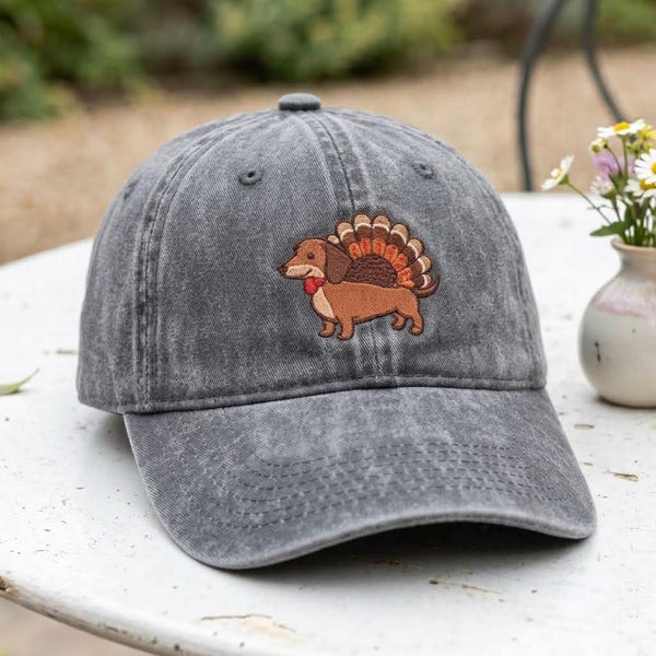 Thanksgiving Dachshund Embroidered Hat, Cute Turkey Wiener Dog Baseball Cap, Dog Mom Fall Gift