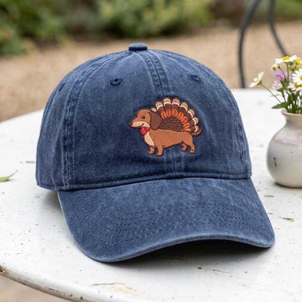 Thanksgiving Dachshund Embroidered Hat, Cute Turkey Wiener Dog Baseball Cap, Dog Mom Fall Gift