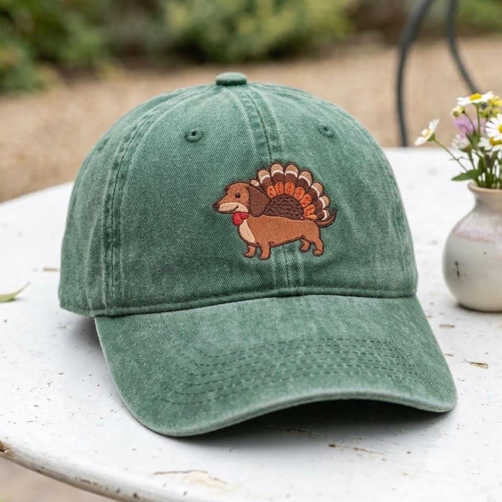 Thanksgiving Dachshund Embroidered Hat, Cute Turkey Wiener Dog Baseball Cap, Dog Mom Fall Gift
