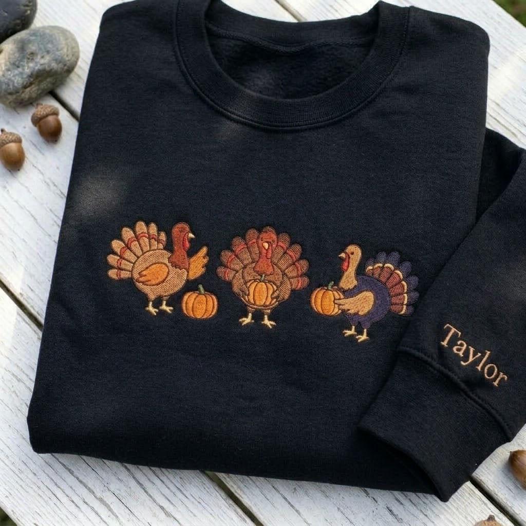 Custom Embroidered Thanksgiving Turkey Sweatshirt, Personalized Sleeve Name Fall Crewneck