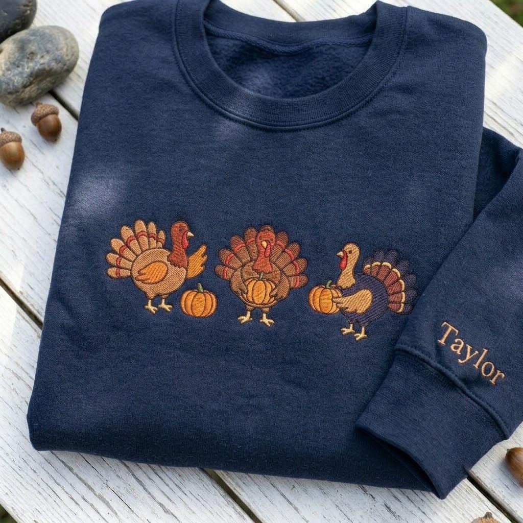 Custom Embroidered Thanksgiving Turkey Sweatshirt, Personalized Sleeve Name Fall Crewneck