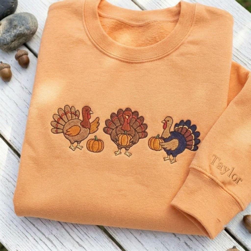 Custom Embroidered Thanksgiving Turkey Sweatshirt, Personalized Sleeve Name Fall Crewneck