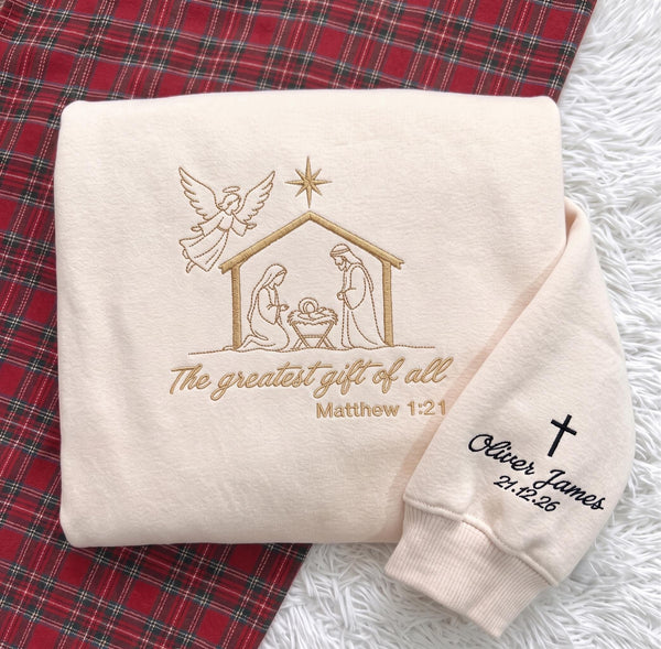 Custom Nativity Scene Christmas Sweatshirt, Personalized Sleeve Name Christian Crewneck