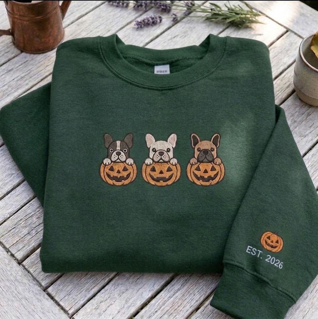 Custom Embroidered French Bulldog Sweatshirt, Pumpkin Halloween Dog Mom Crewneck