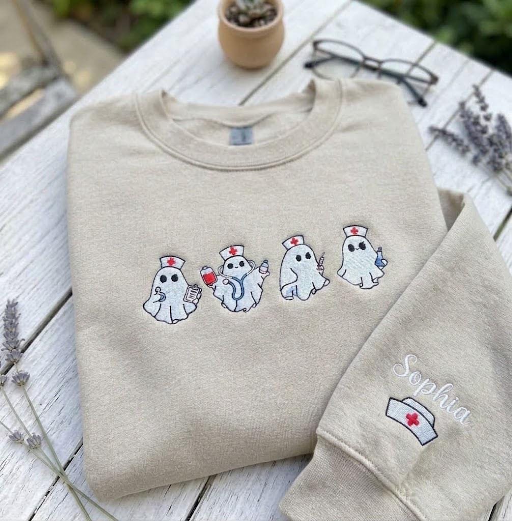 Custom Embroidered Nurse Ghost Sweatshirt, Spooky RN Halloween Crewneck Gift