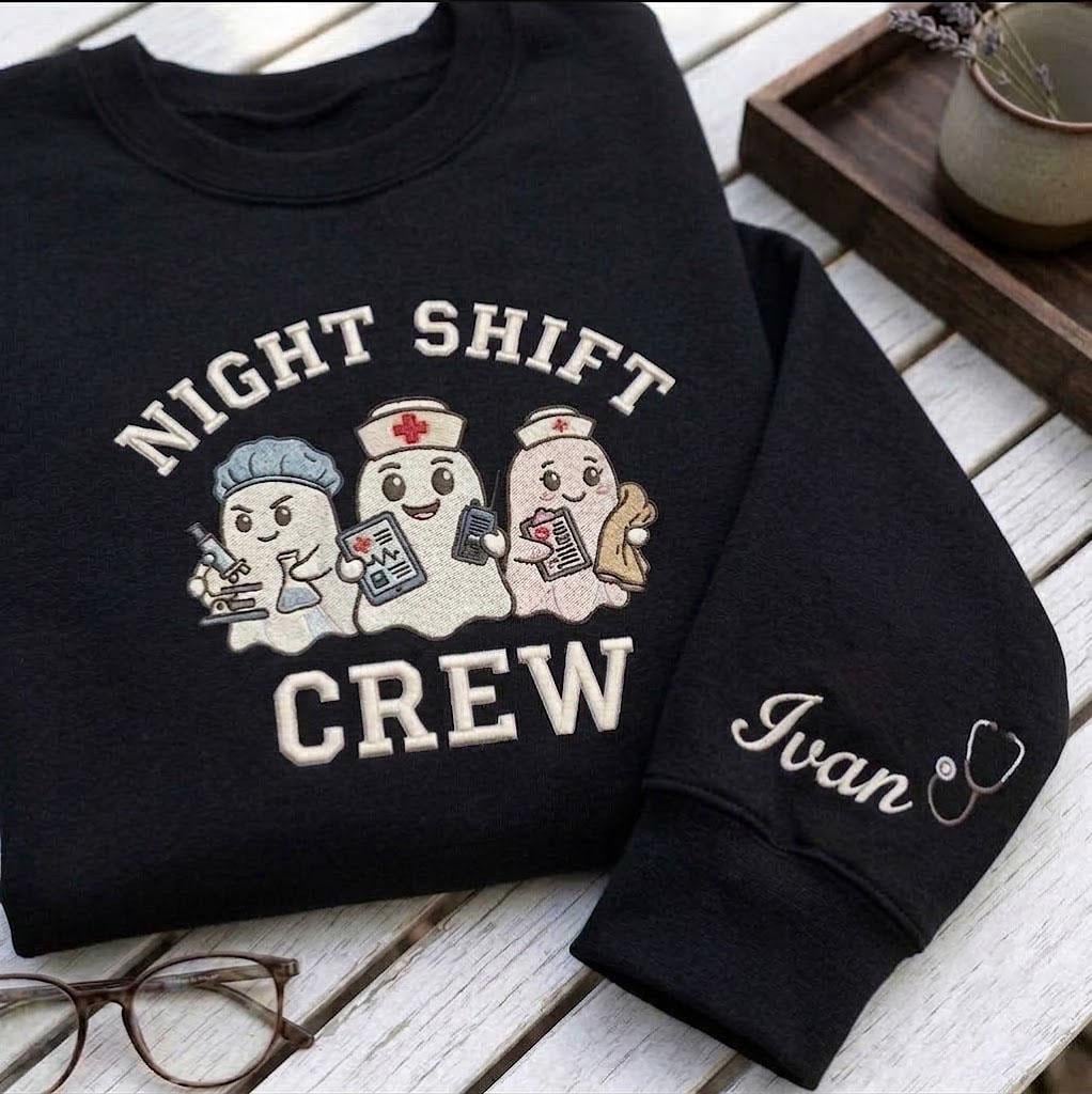 Custom Embroidered Night Shift Crew Sweatshirt, Spooky Nurse Halloween Crewneck Gift