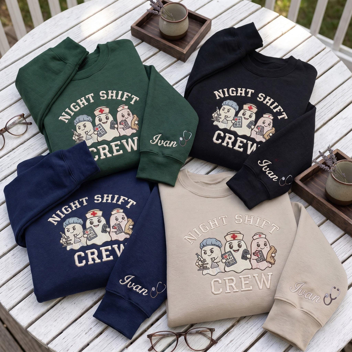 Custom Embroidered Night Shift Crew Sweatshirt, Spooky Nurse Halloween Crewneck Gift