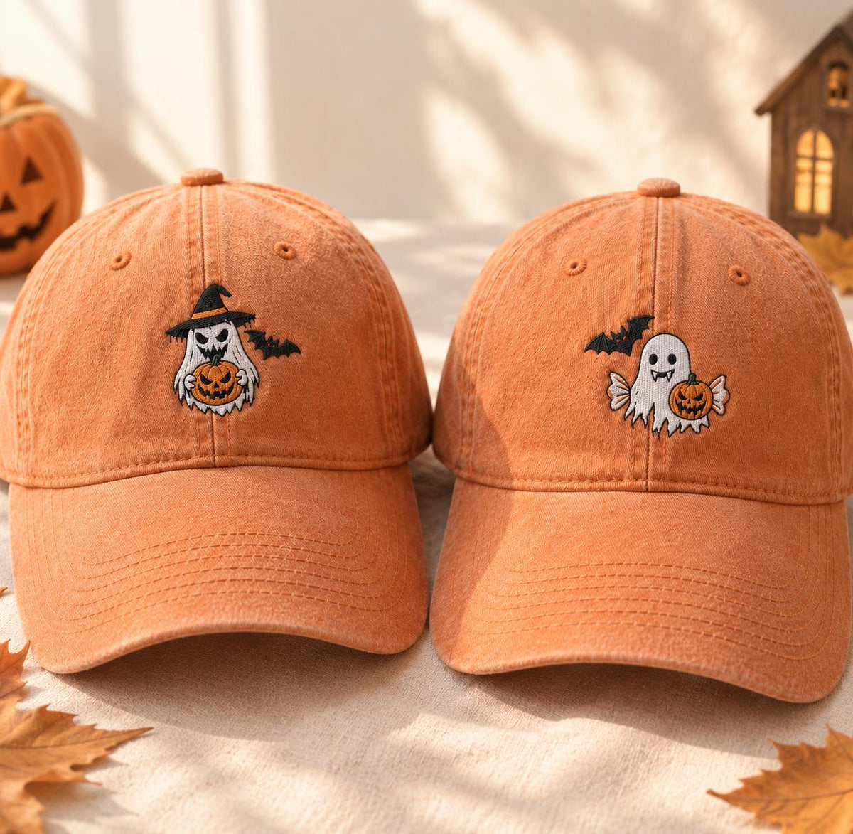 Ghost Pumpkin Halloween Embroidered Hat, Cute Spooky Baseball Cap, Fall Party Gift