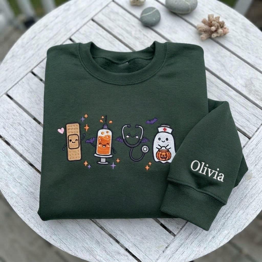 Custom Embroidered Spooky Nurse Sweatshirt, Cute Medical Tools Halloween Crewneck