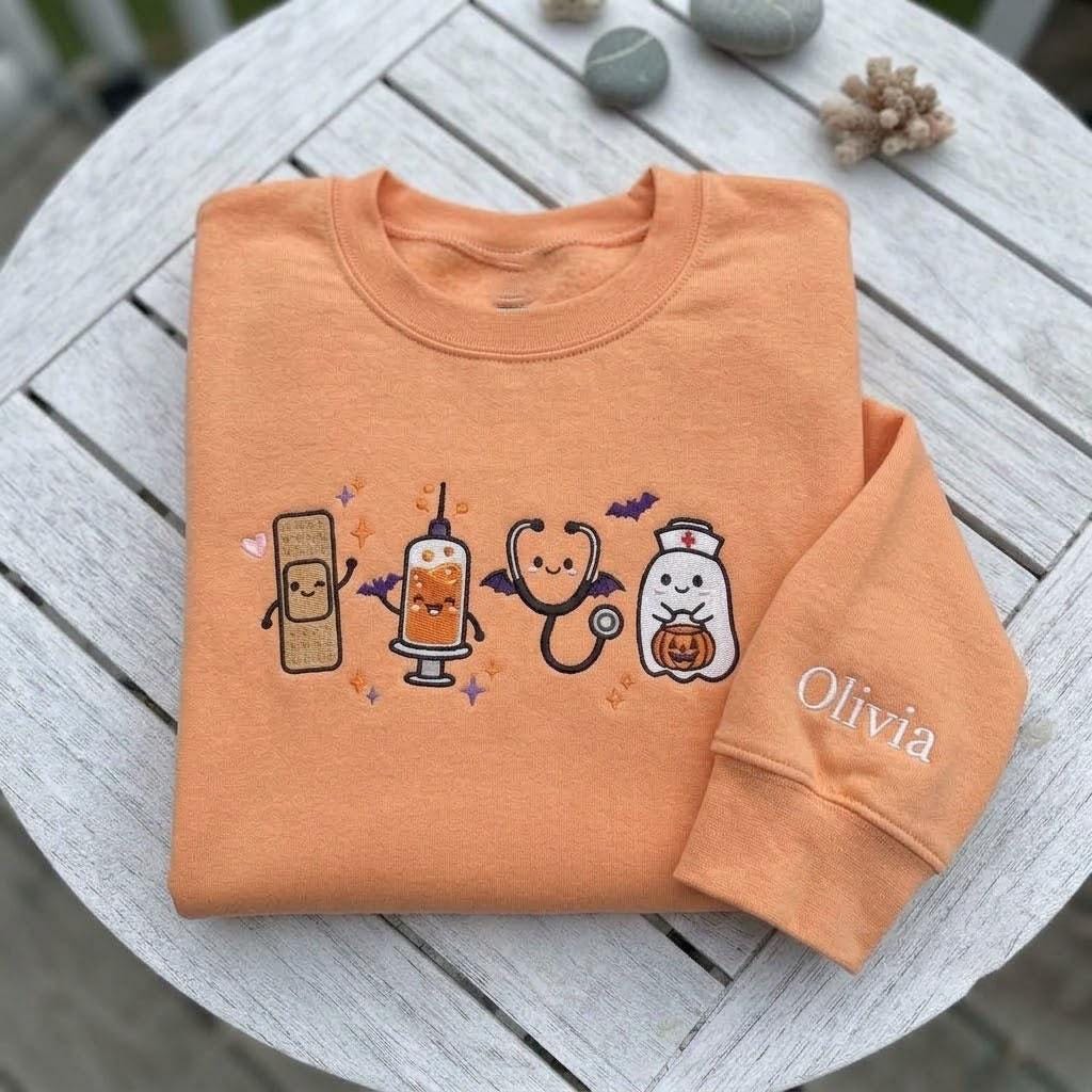 Custom Embroidered Spooky Nurse Sweatshirt, Cute Medical Tools Halloween Crewneck