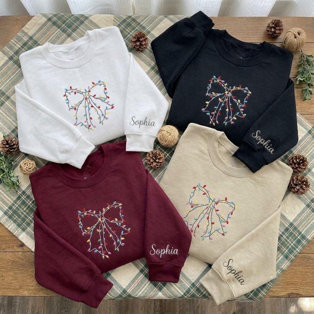 Embroidered Christmas Lights Bow Sweatshirt, Custom Holiday Coquette Crewneck