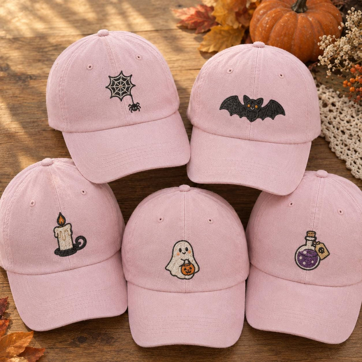 Halloween Mini Icons Embroidered Hat, Spider Web Bat Candle Ghost Baseball Cap